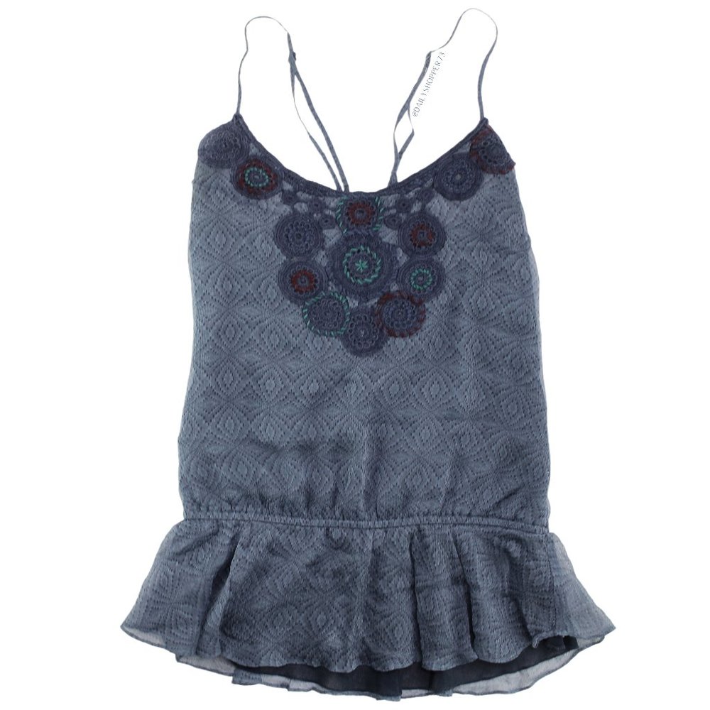 Free People Women's Sheer Silk Boho Crochet Applique Crisscross Ruffled Tank Top